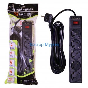 Фильтр сетевой 5х5,0м, 10А, черный, ПВС 3х0.75 1-2 E1М 901420