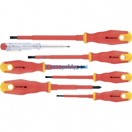 Набор отверток диэлектрических до 1000В + тестер, Сибртех 12936