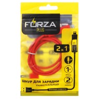 Шнур для зарядки 2 в 1, Micro USB и iP, 1 м, 2А, плоский кабель, колпачки для штекеров, 2 цв, FORZA