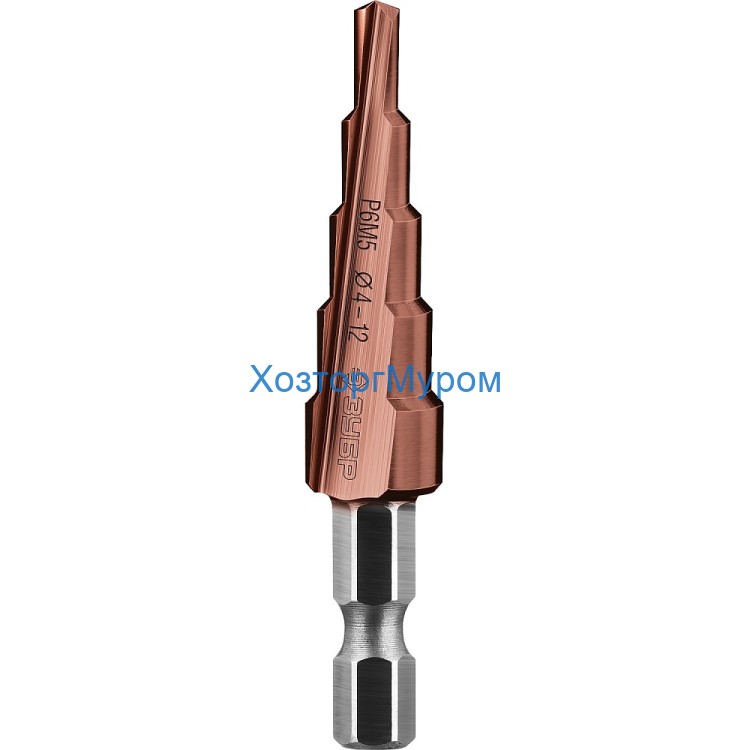 Сверло ступенчатое 4-12 мм, по металлу, 9 ступеней, Р6М5, Зубр 29672-4-12-5_z01